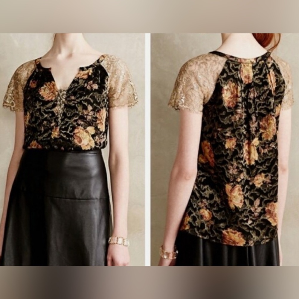 Anthropologie HD In Paris Disa Floral Burnout Top Gold Lace Sleeves